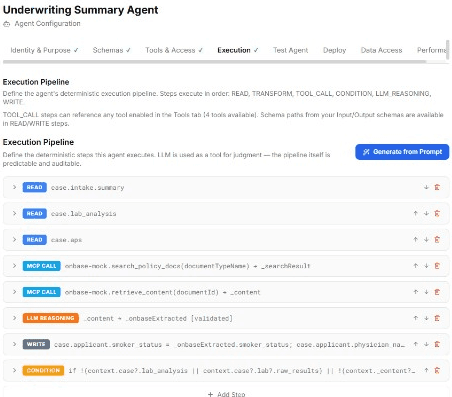 Regisseur agent configuration screen showing deterministic execution pipeline steps