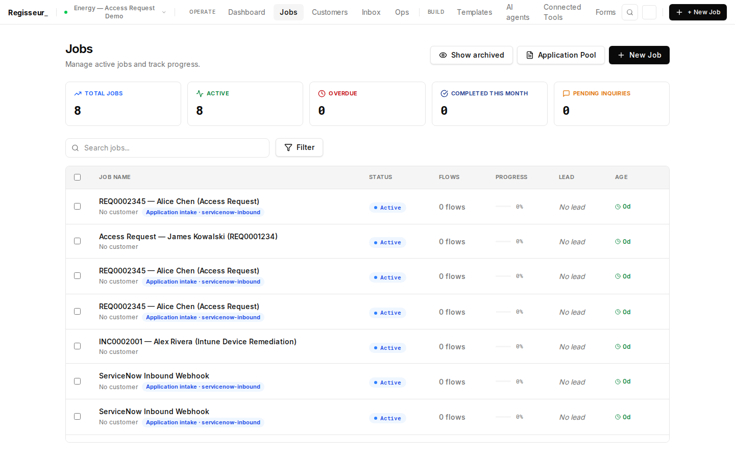 §0b — Case auto-created: REQ0002345 — Alice Chen appears in queue