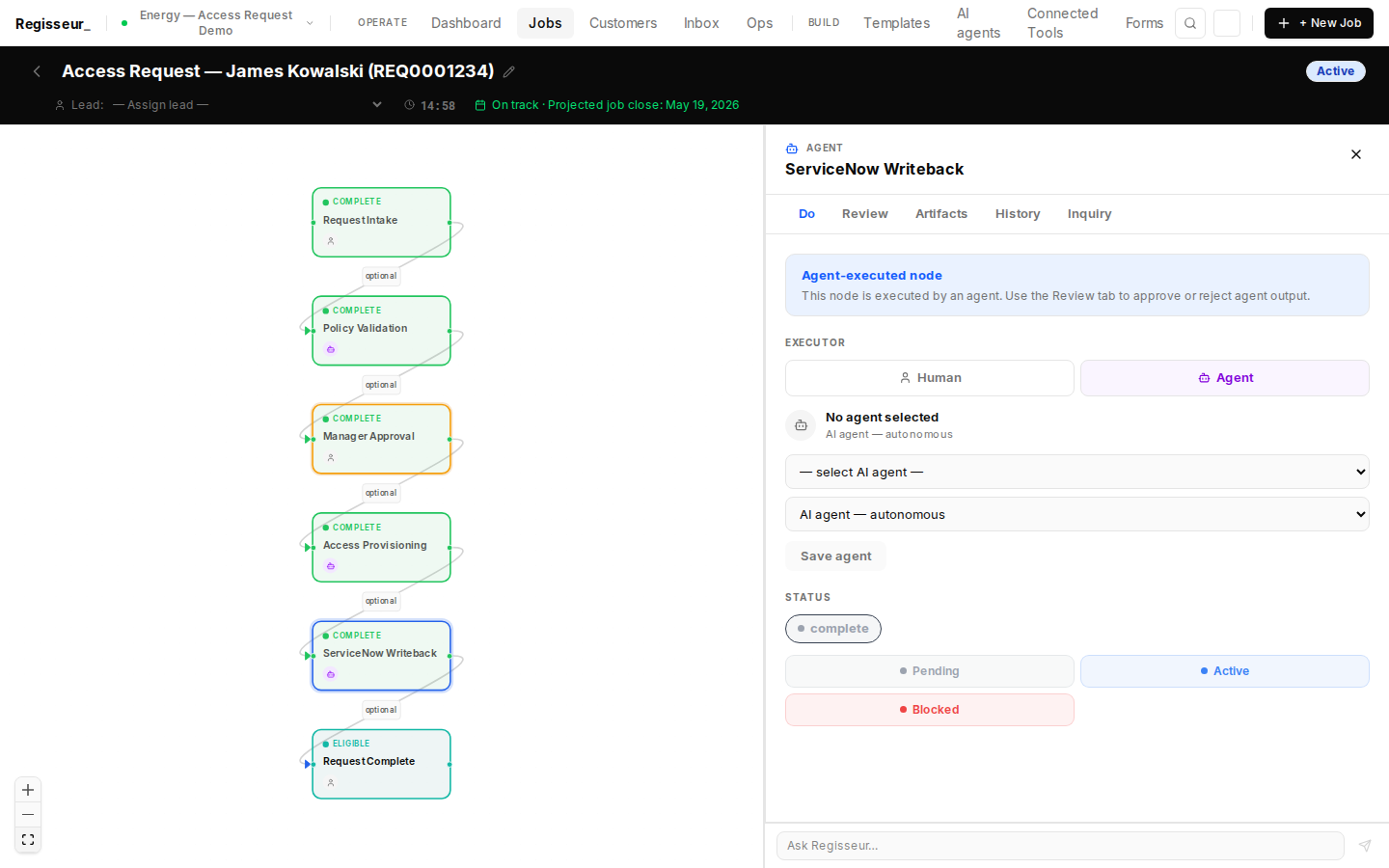 §7b — ServiceNow Writeback node: do tab, agent configured