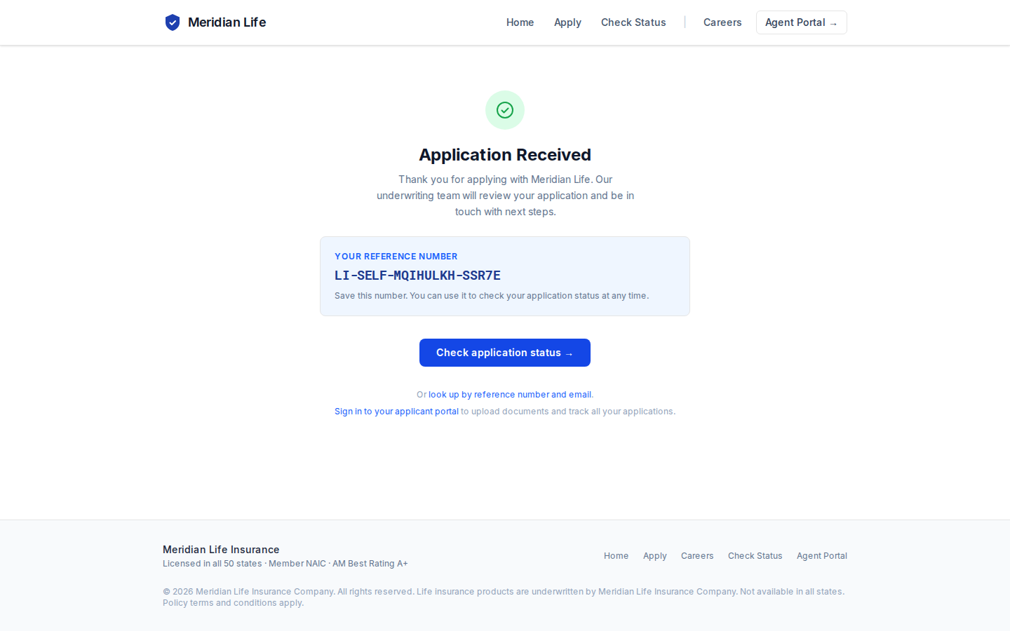 Application submitted — reference + status link