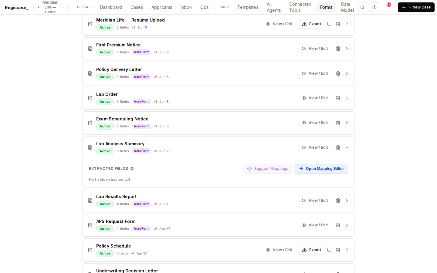 Form library — every document onboarded once, ready to auto-extract