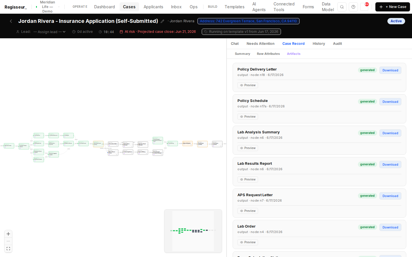 Agent-generated documents — Policy Schedule, Lab Analysis, APS Request, Policy Delivery