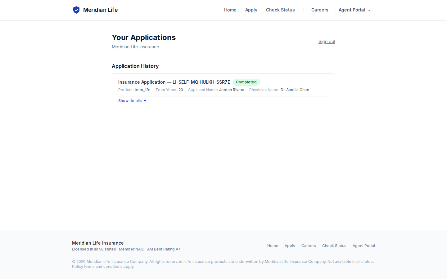 Jordan's applicant portal — one application, Completed