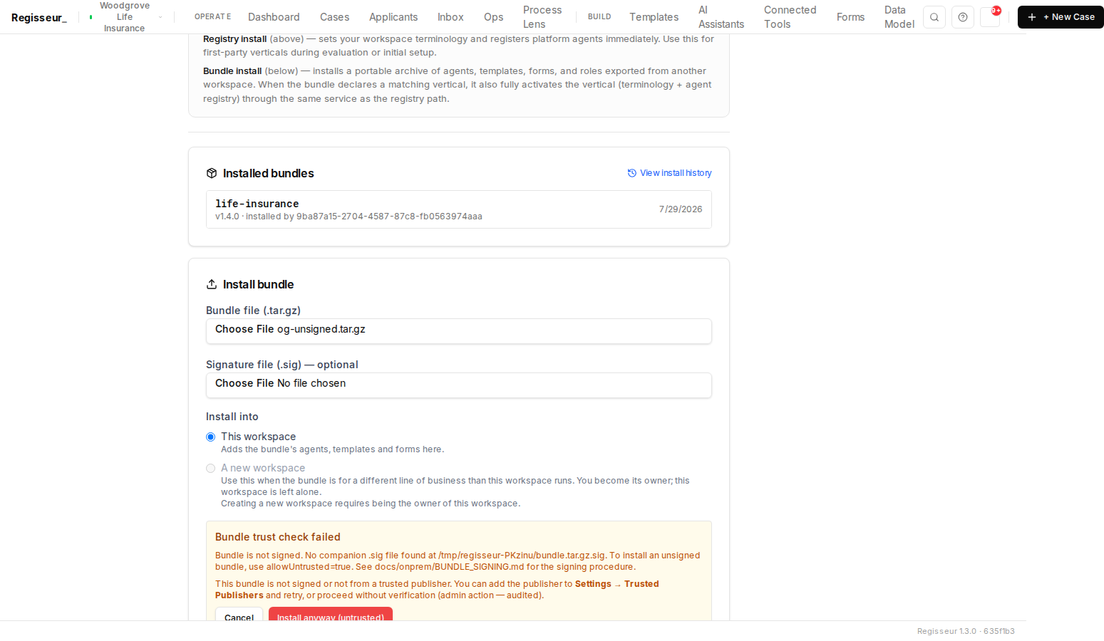 The install screen on the live demo box refusing an unsigned bundle (“Bundle trust check failed”) with the release stamp visible in the footer.