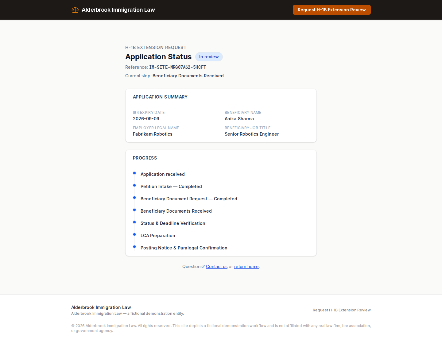 Alderbrook Immigration Law applicant status page — Anika Sharma’s H-1B extension for Fabrikam Robotics, in review, with the automated progress checklist.