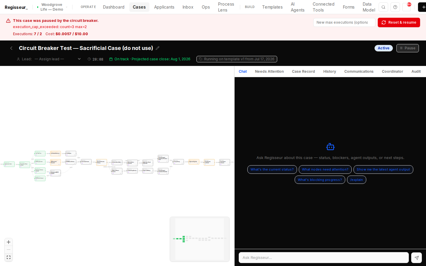 A Woodgrove Life case paused by the circuit breaker — the red banner shows the exceeded execution cap and the reset-and-resume control.