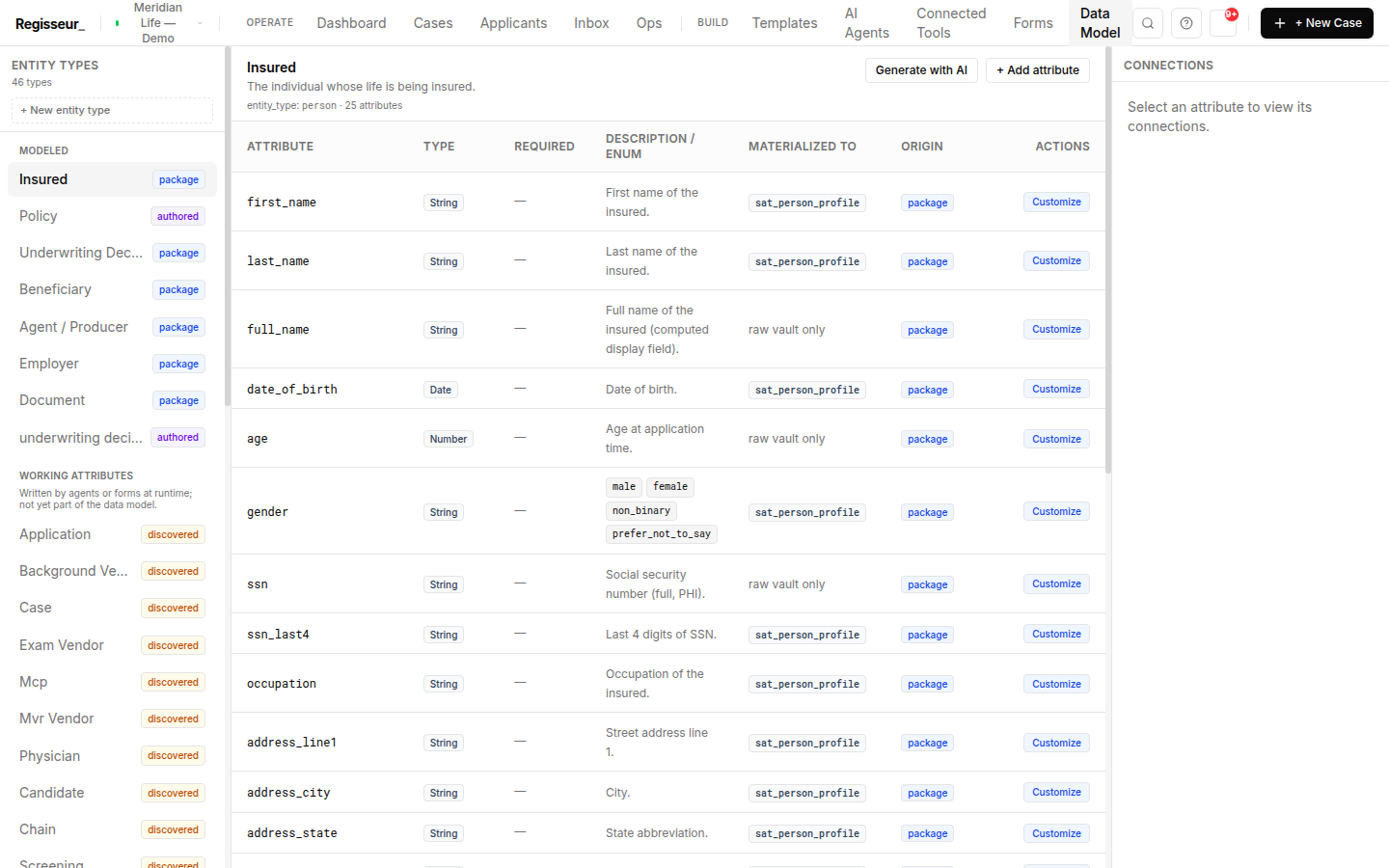 The data model — 46 entity types and an attribute table with types, PHI markers, and enums — the structured target documents are parsed into.