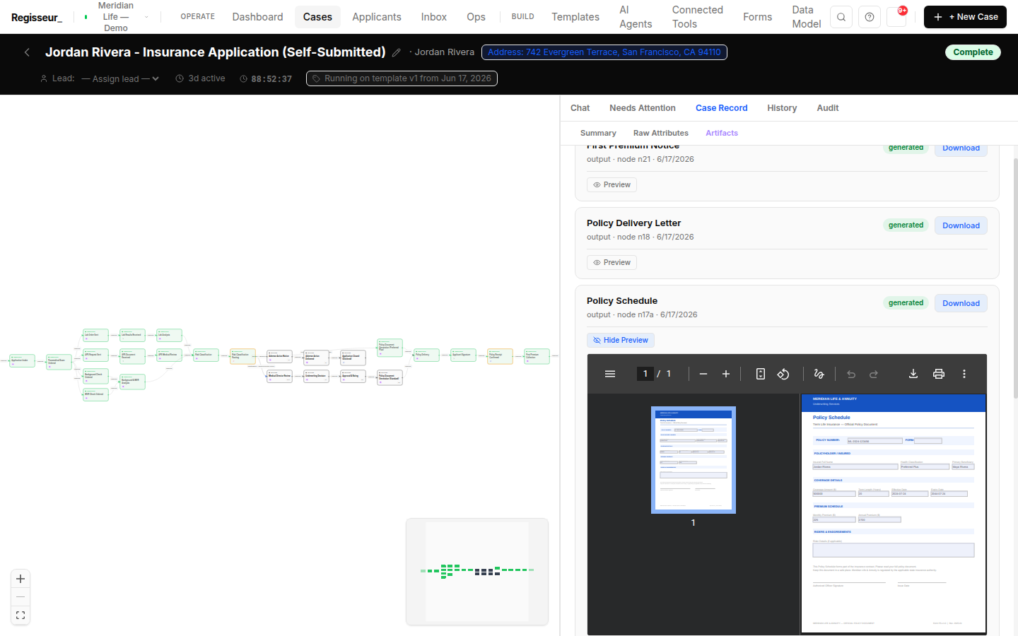 A generated Policy Schedule PDF rendered inside the case Artifacts panel, beside the executed case graph.