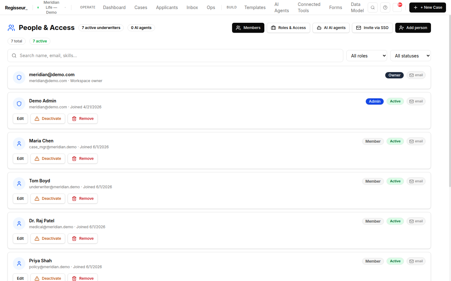People & Access, Members — the team with roles, status, and an Invite via SSO action, plus pending invitations.