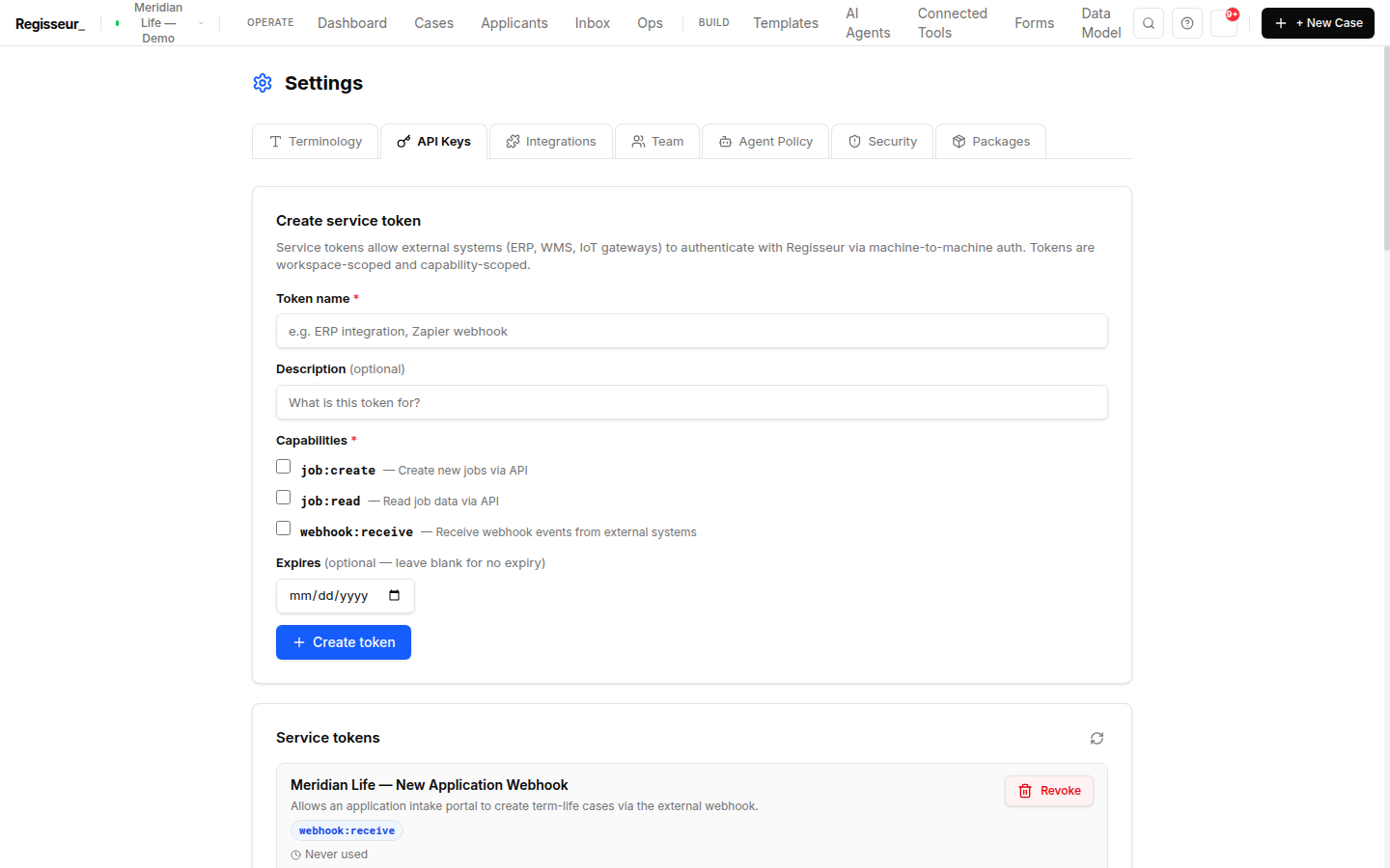 Settings, API Keys — machine-to-machine service tokens, workspace- and capability-scoped, with last-used timestamps and no secret values shown.