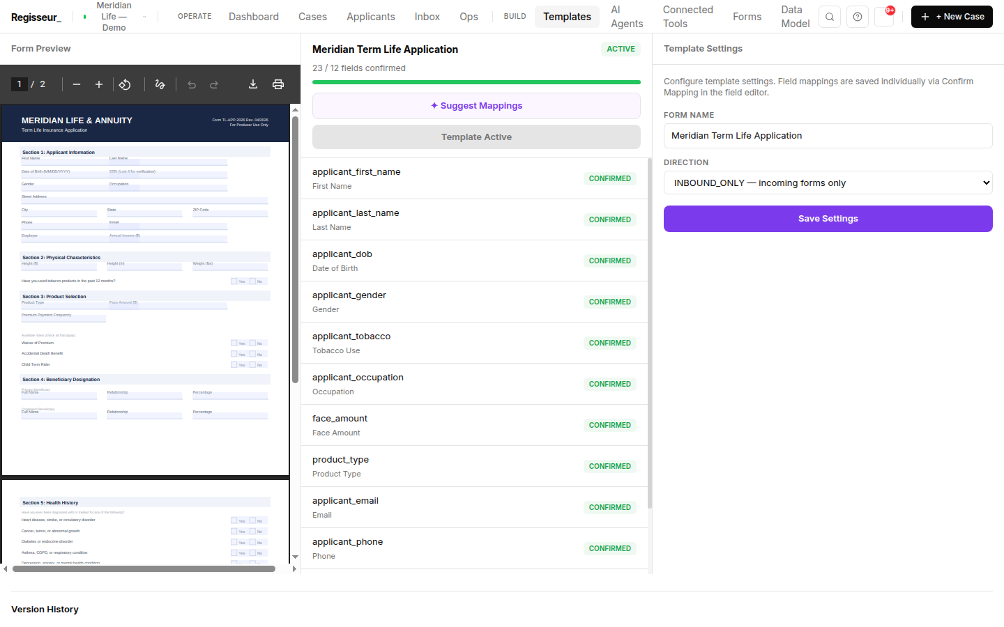 The field-mapping screen — a PDF preview of the Meridian term-life application beside twelve confirmed field-to-attribute mappings, a confirmed-fields progress bar, and a Suggest Mappings button.
