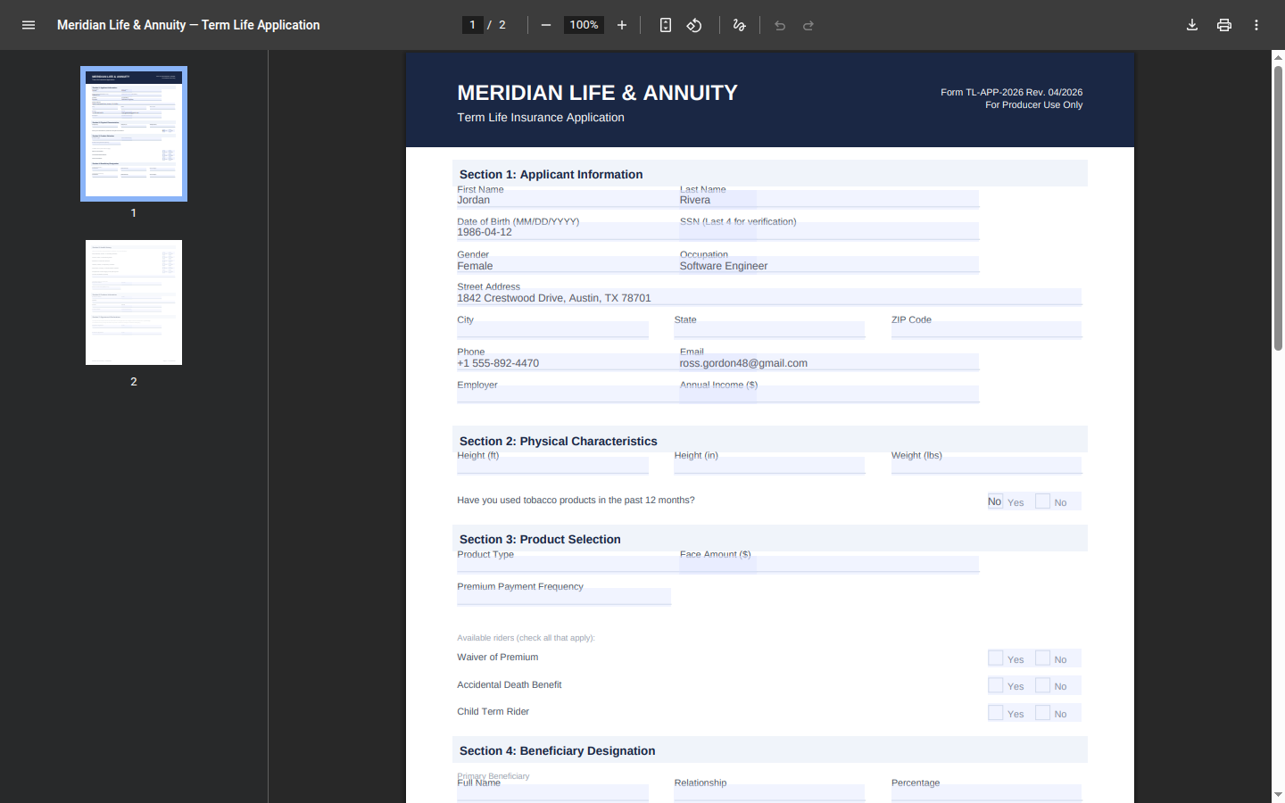 The term-life application PDF filled from Jordan Rivera's case data — date of birth, occupation, and address populated automatically.