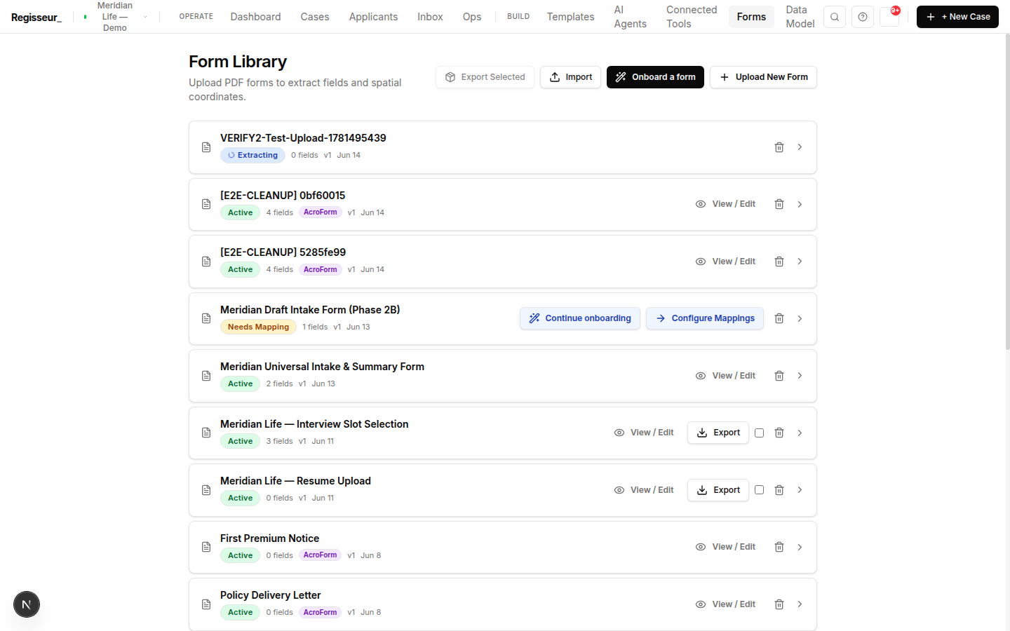 The form library — term-life application, lab results, and APS request letter, each with its field count, type, and mapping status.