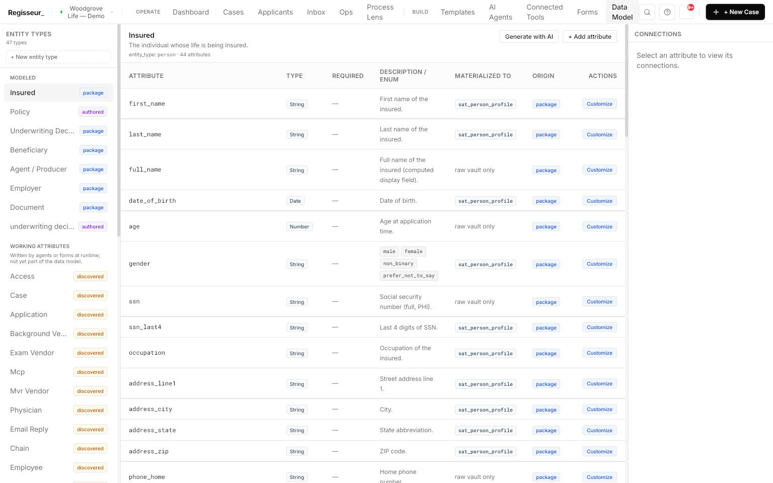 The Data Model page on the Insured entity — 44 attributes with types, enums, materialization targets, and per-field Customize and Generate-with-AI controls.
