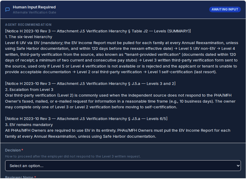 The Alternate Verification Gate — the agent’s recommendation quoting the Notice H 2023-10 verification hierarchy, and a single decision field for the person to choose the next level.