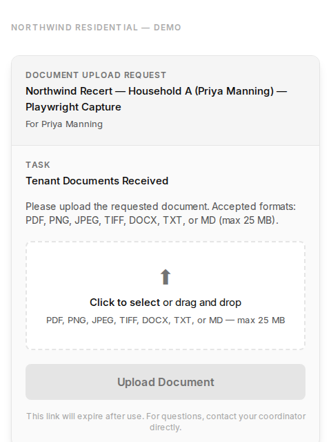 The tenant’s secure upload page — who it is for, what is needed, which formats are accepted, and a single-use upload button. No account, no password.