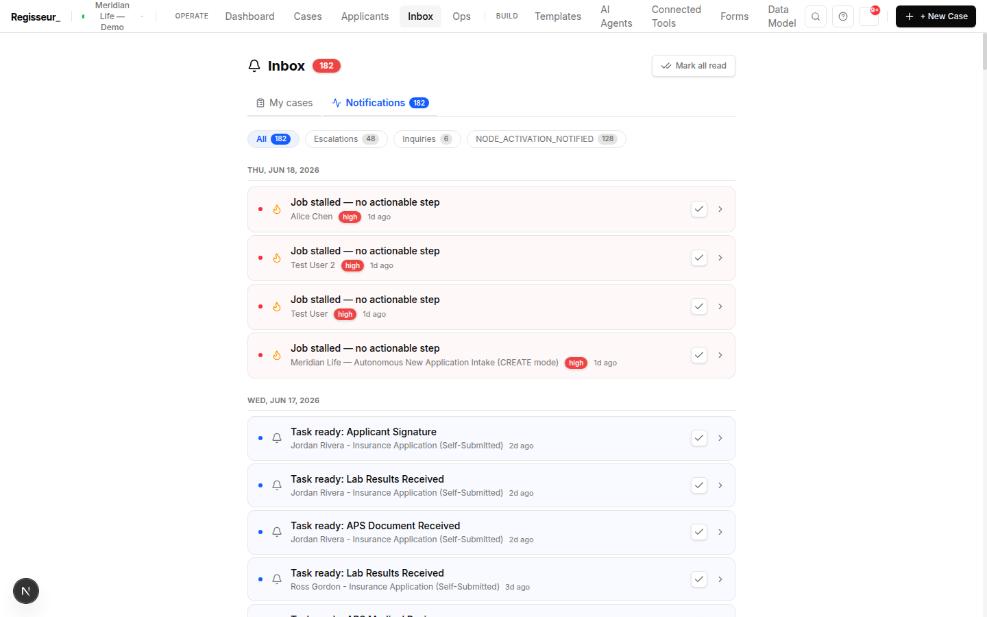 The Inbox — a categorized feed of escalations, inquiries, and node activations, with task-ready items and coordinator job-stalled escalations.