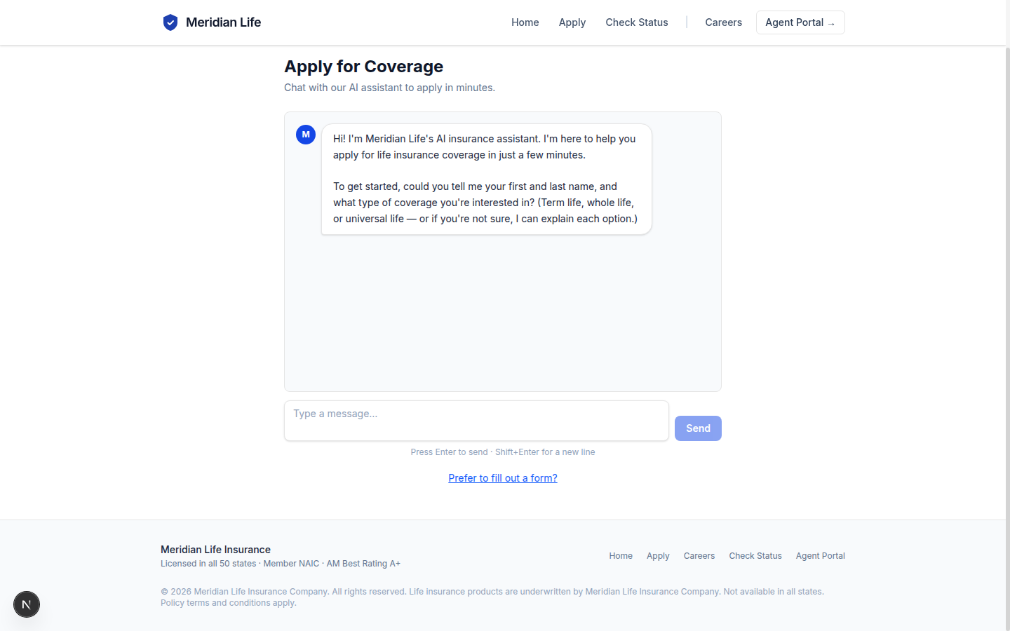 The apply page — a conversational AI insurance assistant inviting the applicant to apply in minutes.