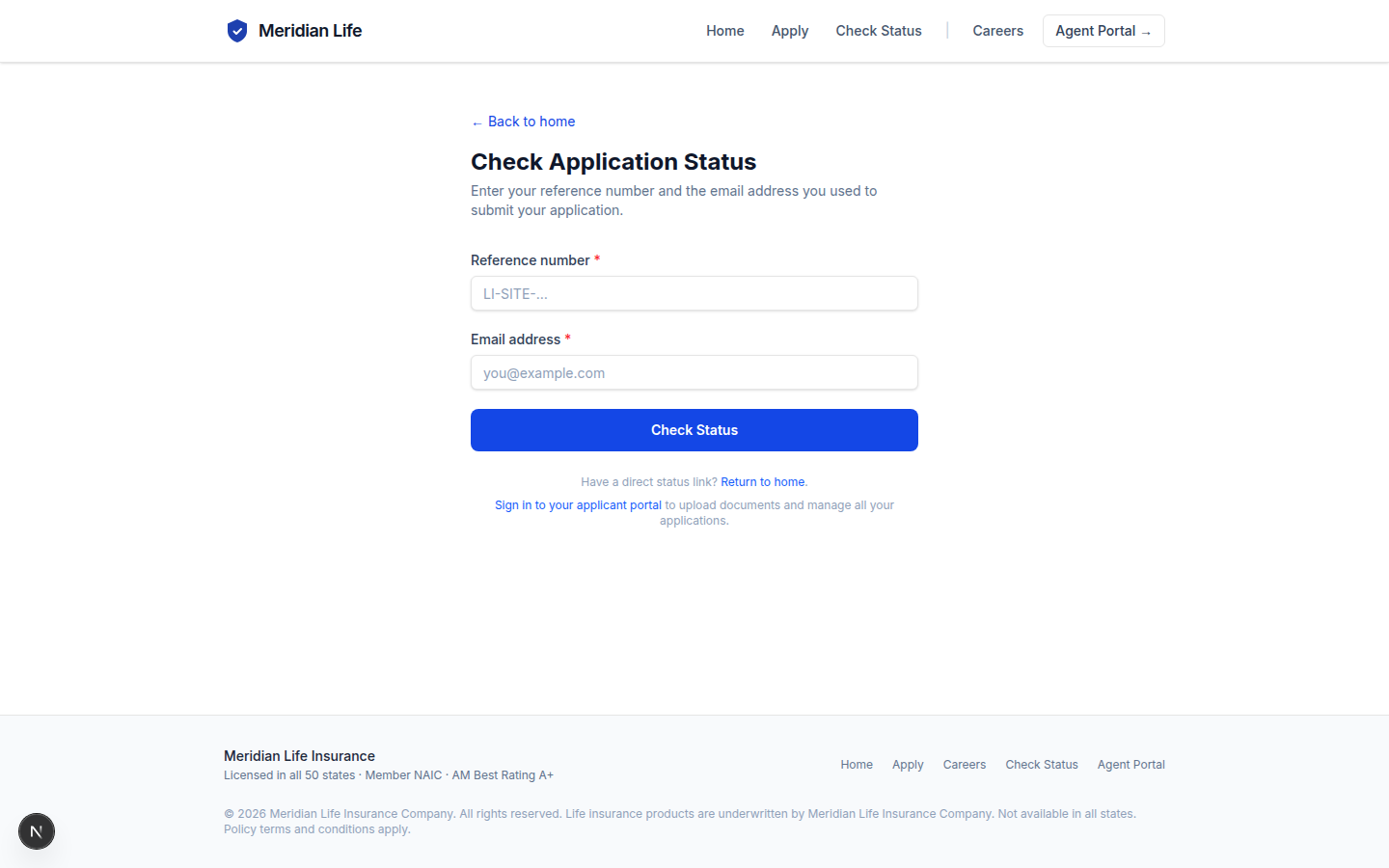 The check-application-status page — reference number and email lookup, with no login required.