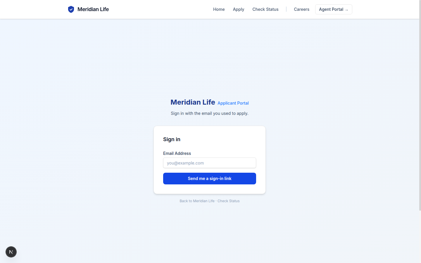 The applicant portal sign-in — passwordless, offering to send a one-time sign-in link.