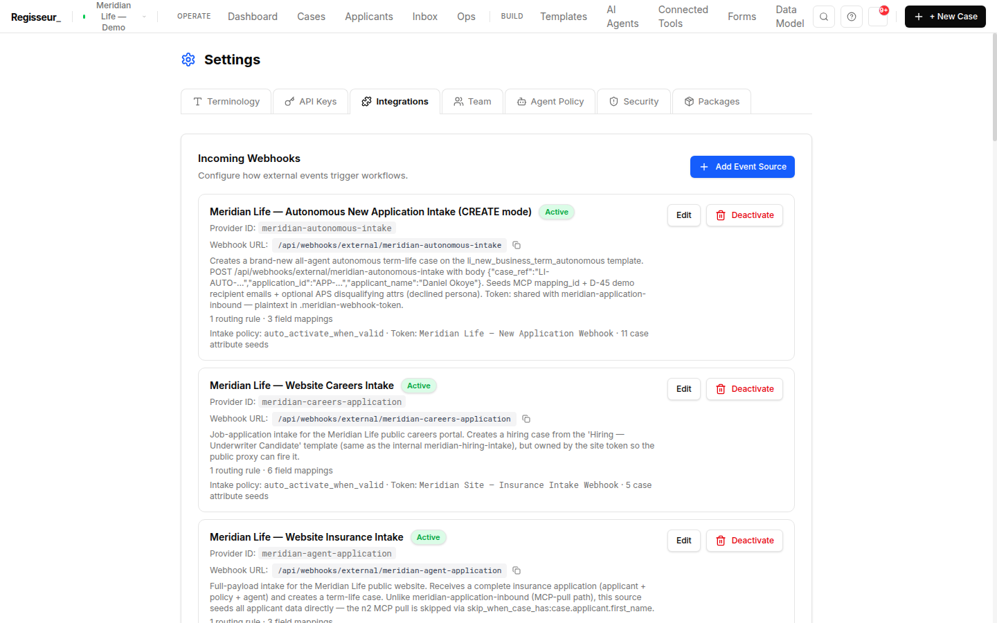 Settings, Integrations, Incoming Webhooks — eleven real event sources with provider IDs, webhook URLs, routing rules, field mappings, and case-attribute seeds.