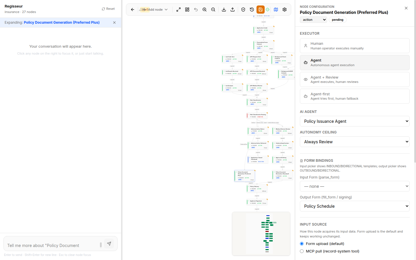 A node's full configuration — executor (Human, Agent, Agent+Review, Agent-first), the assigned AI agent, autonomy ceiling, form bindings, input source, and verification checks.